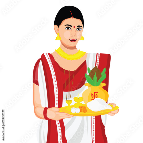 Bengali Women Holding Puja Thali Character Vector Illustration