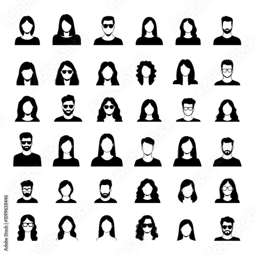 People Avatars Black Silhouettes on White Background with Clean Lines Minimalist Design Character Art Simple Graphic Vintage Design Diverse Figures Collection User Icons Icons