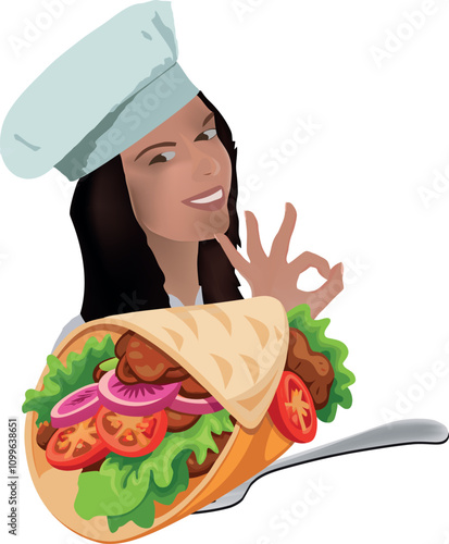 Female chef gesturing ok with a giant doner kebab or shawarma