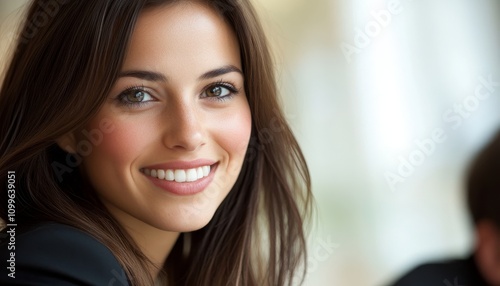 Free Download Smiling professional businesswoman in focus office setting portrait photography bright environment close-up view cute yet professional concept - GFXLoad