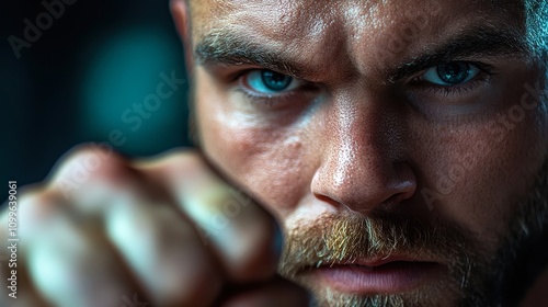 A close-up of a determined man preparing to throw a punch, capturing intensity and focus, This image can be used for fitness, martial arts promotions, motivational content, or sports articles, photo