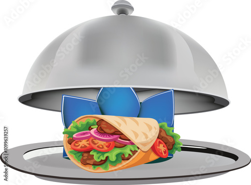 Restaurant cloche revealing delicious pita bread with meat and vegetables