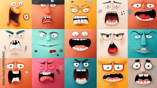 Colorful cartoonish square faces with various exaggerated expressions in a grid pattern, each showing different emotions such as surprise, anger, and confusion with distinct features.