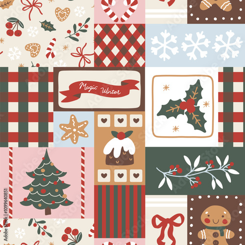 Patchwork hand-drawn cartoon seamless vector Christmas pattern in classic tones. Delicate doodles and festive elements, it creates a refined for gift wrapping, festive design, textiles.