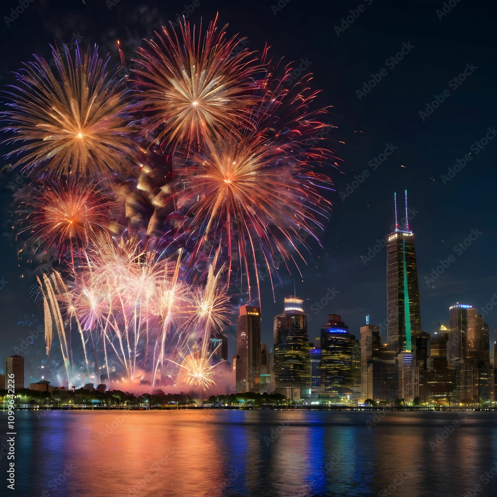 Fototapeta premium A stunning city skyline adorned with vibrant fireworks
