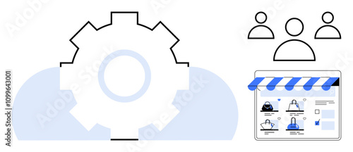Gear within cloud, three user icons, and web store interface. Ideal for cloud computing, team collaboration, online shopping, e-commerce management, web development, system integration