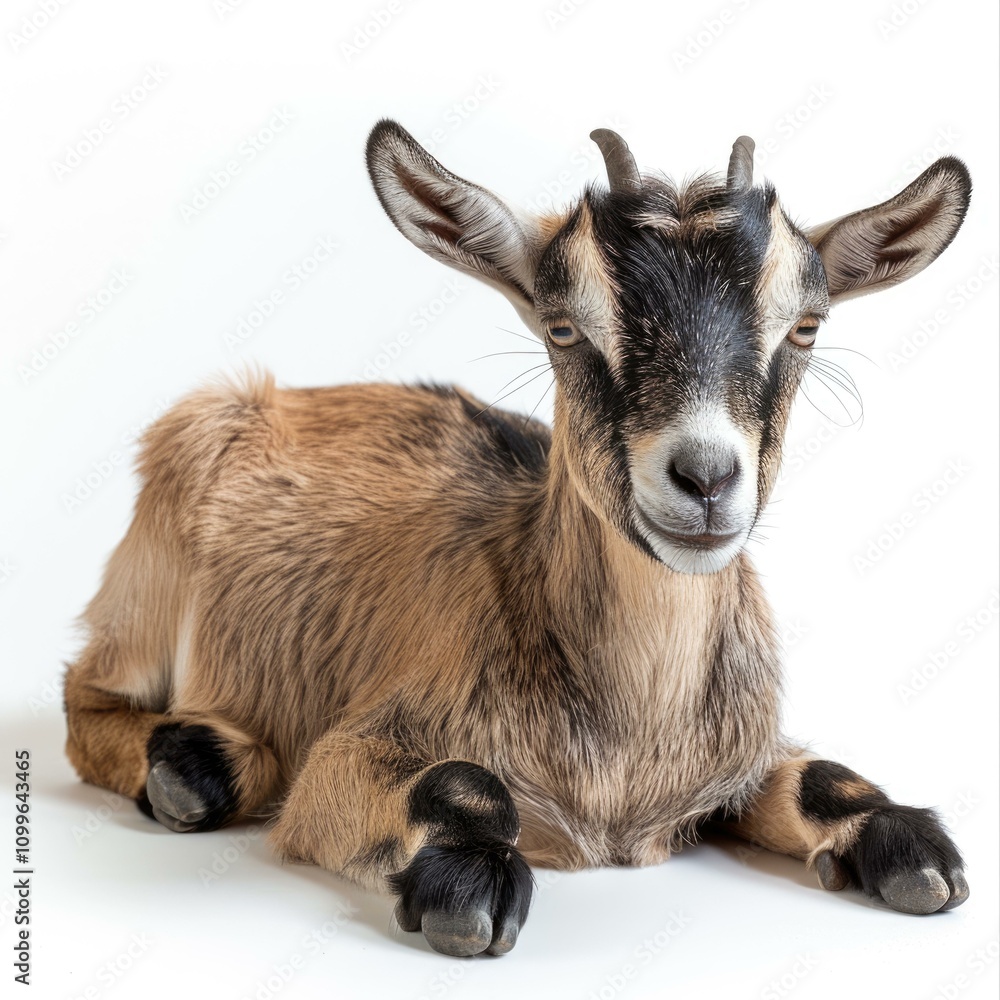 Fototapeta premium South African Boer goat doeling resting on white background.
