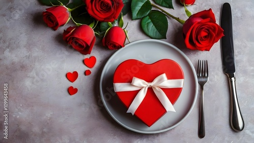 Happy Valentine's Day table with love romantic red heart shape cake & rose. Valentine romance bonding connection, celebration for lover soulmate couple Valentines photo