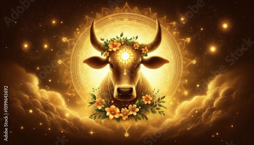 Cow with a round face is surrounded by stars and swirls Generative ai, cow face Wallpaper  photo