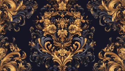 Rideaux Noir et or patrons Baroque Scrollwork and Acanthus Leaves with Mythical Creatures  © Danial