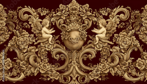 Elaborate Baroque Pattern with Vines and Cherubs