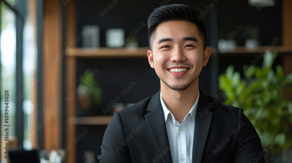 Obraz premium Asian businessman smiling confidently in a modern office setting