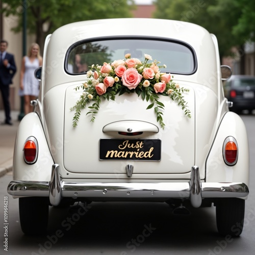 Elegant vintage wedding car with Just Married sign, flower decorations. Romantic scene captures special occasion. Lovely flowers adorn car rear. Couple celebrating marriage. Picture shows moment of