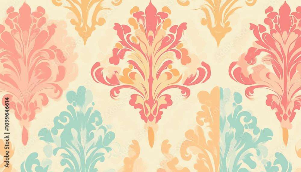Fototapeta premium Whimsical Damask with Pink, Orange, and Turquoise