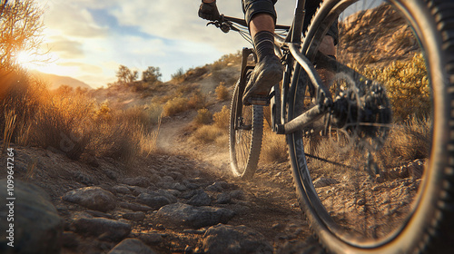 Wallpaper Mural Low angle view of cyclist riding mountain bike on rugged terrain, capturing the action and strength as they navigate the trail with focus and determination, Generative AI Torontodigital.ca