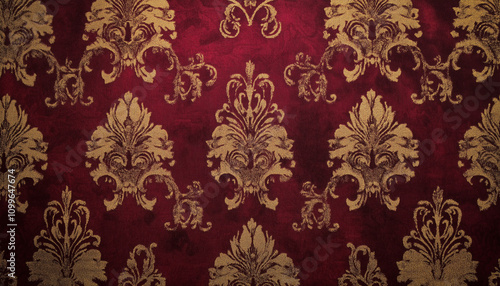 Burgundy and Gold Damask with Fleur-de-lis Motifs photo