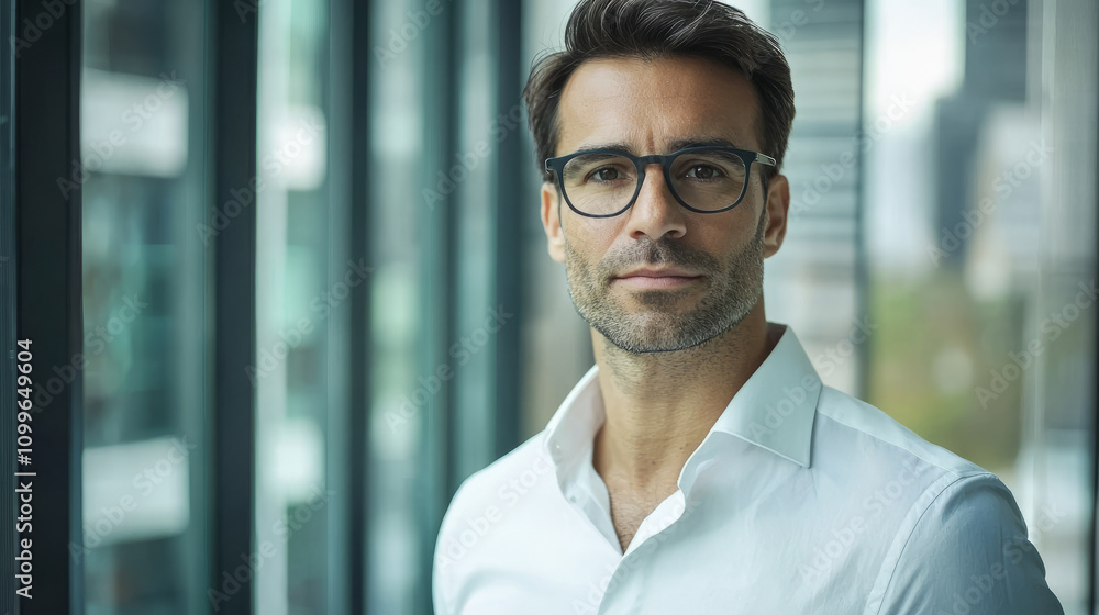 Fototapeta premium Confident businessman in white shirt with glasses in office setting