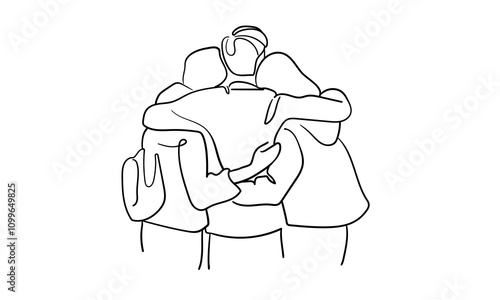 Friends hugging continuous line art drawing isolated on white background. 3 people in the back. Vector illustration