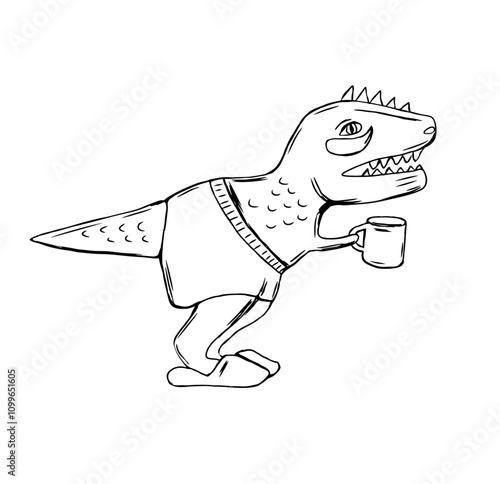 Cute Dinosaur Drinking Hot Coffee Cartoon Vector Icon Illustration. Animal Drink Icon Concept Isolated Vector contour