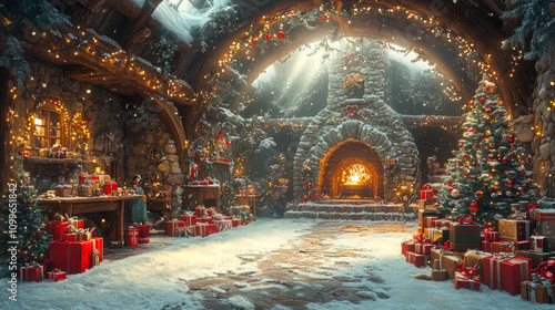A whimsical illustration of Santa's workshop at the North Pole, bustling with elves and toy-making machines. Ideal for holiday-themed designs.