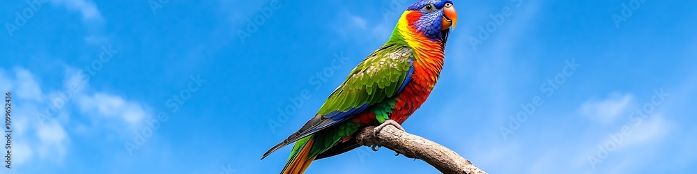 Fototapeta premium Vibrant rainbow lorikeet perched on tropical tree branch against bright blue sky
