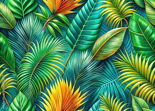Embrace the lush greenery of tropical palm leaves, ideal for vibrant backgrounds, textiles, and summer designs, bringing a refreshing and lively aesthetic to any space.