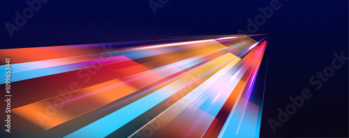 Night highway with dynamic light effects, neon purple, blue, and red glowing trails, and futuristic speed motion visualization.