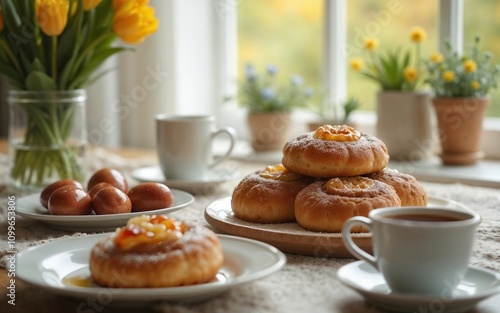 Wallpaper Mural Easter brunch with pastries, colorful eggs, and flowers, inviting table arrangement for celebration Torontodigital.ca