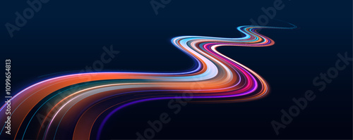 Neon futuristic network technologies on dark background with movement and speed effect. Long exposure, light painting photography.  Vector glitter light fire flare trace. 