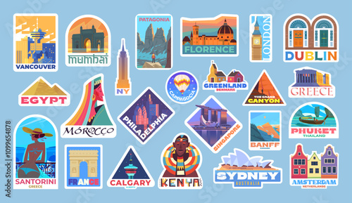 Huge set of stickers about different countries, landmarks and places