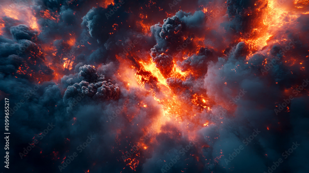 Fototapeta premium Explosive fiery clouds in dark sky