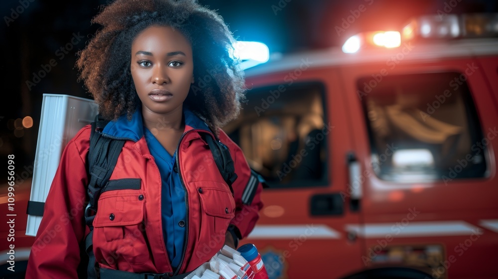 Fototapeta premium A young woman stands in front Of an ambulance at night dressed in a red jacket and blue shirt with a backpack On her back and a bottle of water in her hand conveying a sense Of urgency and readiness.