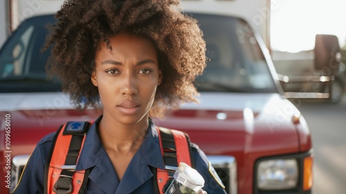 A young woman with a serious expression dressed in a firefighter S uniform and standing in front Of a red fire truck. photo