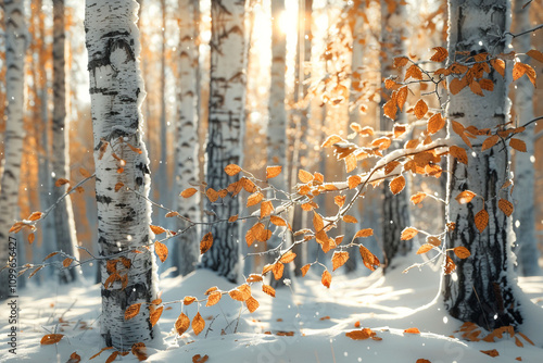 A serene winter forest with golden birch leaves dusted with snow, sunlight filtering through the trees, creating a tranquil scene of naturea??s beauty.