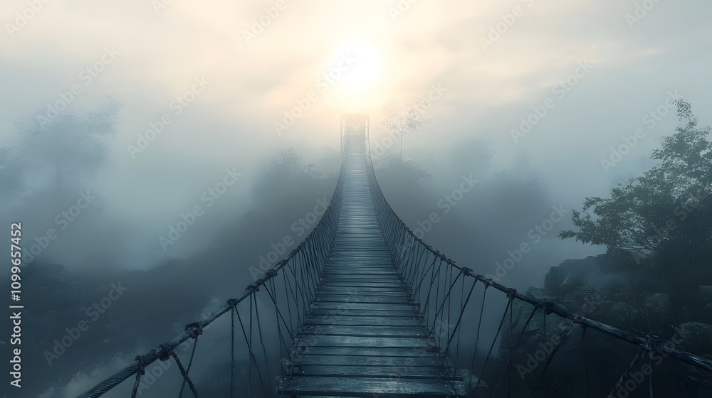 Fototapeta premium A Misty Rope Bridge Leading to Sunlight