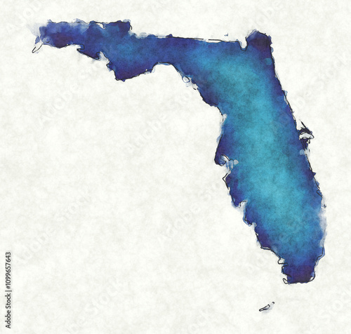 Florida USA map with drawn lines and blue watercolor illustration