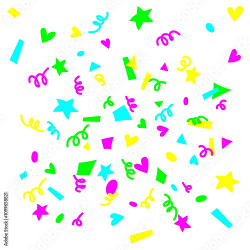 Bright neon confetti isolated on a transparent background. Confetti explosion. Celebration background, banner. Serpentine, tinsel falling, colored paper cuts. Decoration for birthday, holiday