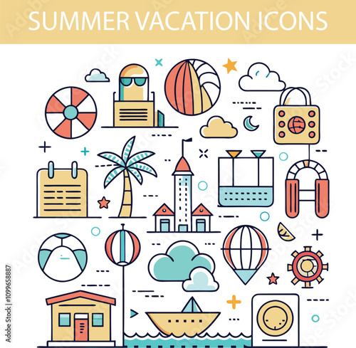 Summer set of web icons inline style. Summer vacation icons for web and mobile apps. Travel, beach, tourism, summer holidays, hotel, relax, beach, luggage, passport, sunglasses. Vector illustration