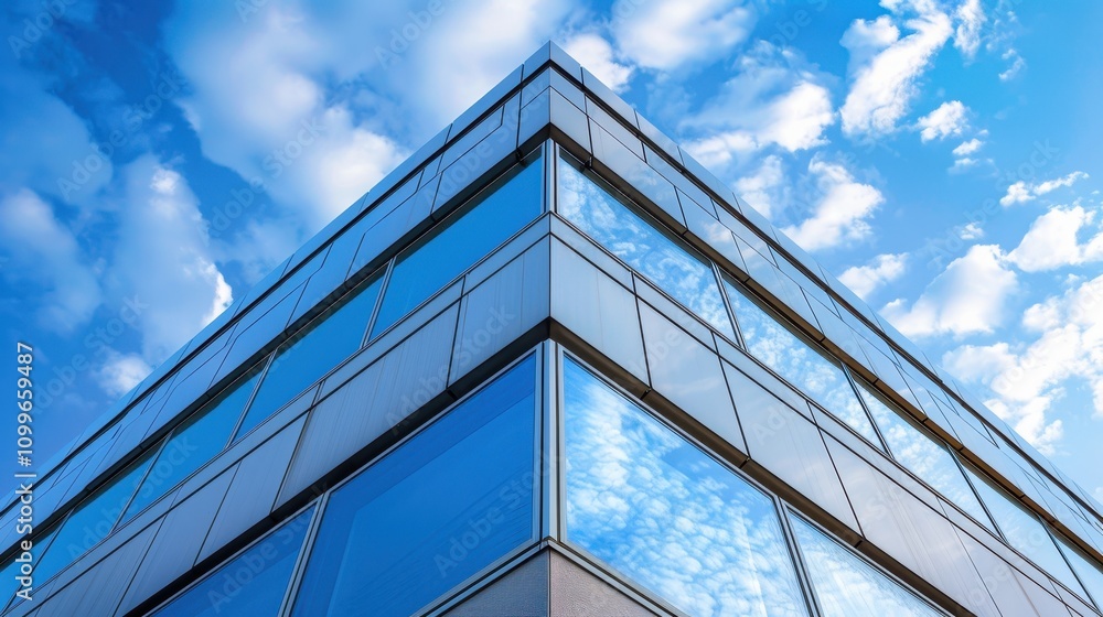 Obraz premium Modern Building Corner Reflecting Blue Sky Clouds