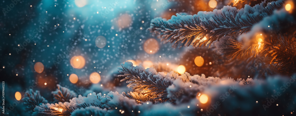 custom made wallpaper toronto digitalBeautiful Christmas Background With Snow-Covered Fir Tree And Glowing Lights: Close-Up With Bokeh Effect And Blurred Background, Leaving Space For Text