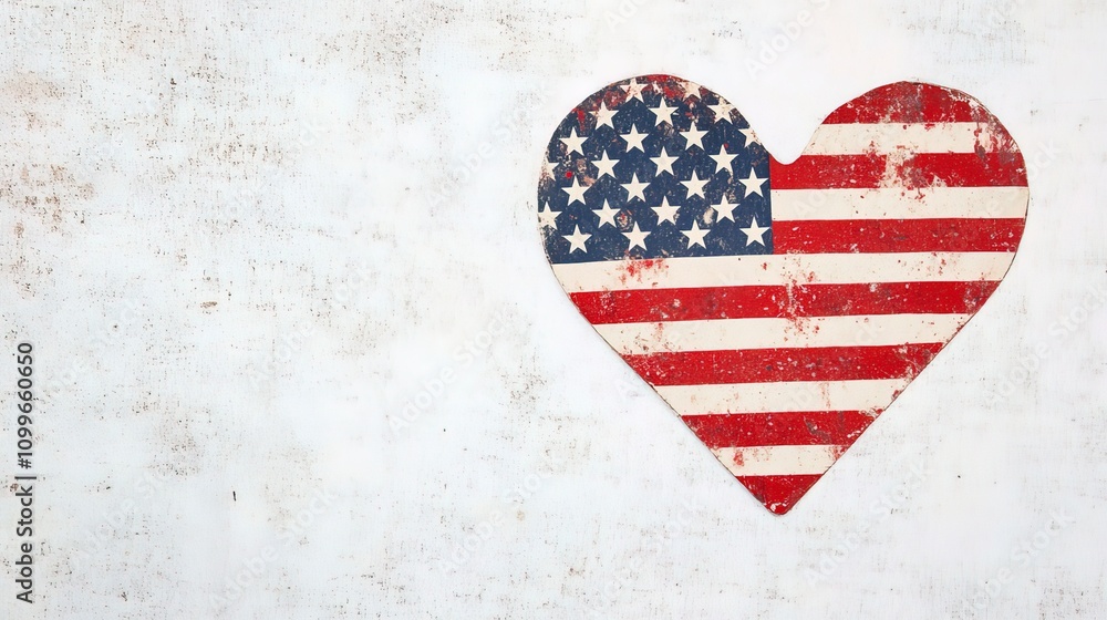 Obraz premium A patriotic American heart symbol, adorned with red and blue stripes, and white stars, proudly displays love for the United States on a clean background 