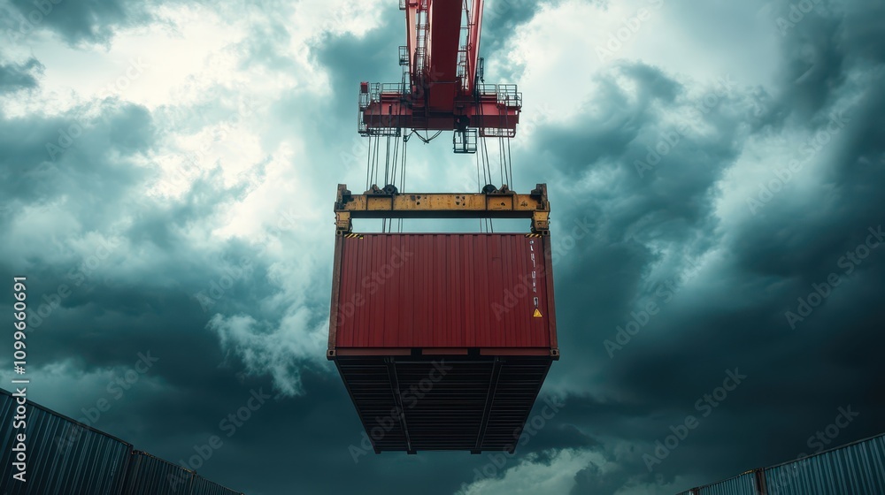 Fototapeta premium Container being lifted by a reach stacker in an industrial park: Dynamic low-angle shot with storm clouds, visible hydraulic systems, and sharp technical focus in ultra HD.