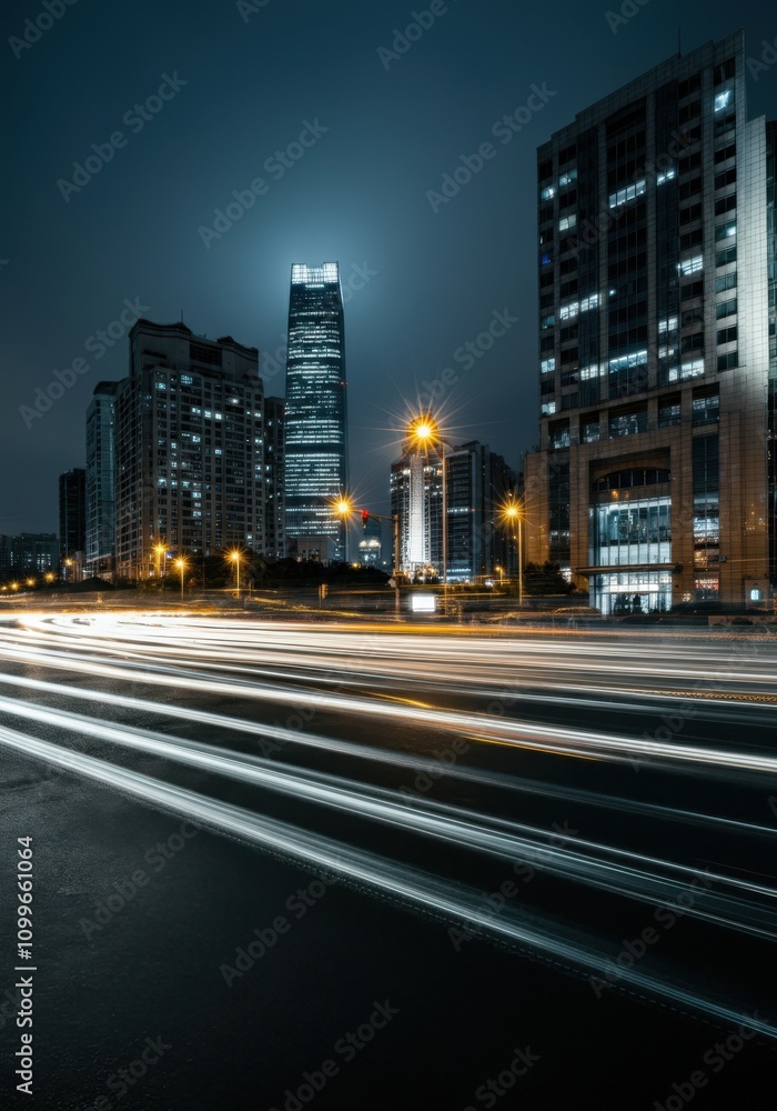 Dynamic night cityscape with illuminated skyscrapers and light trails Dynamic night cityscape with illuminated skyscrapers and light trails