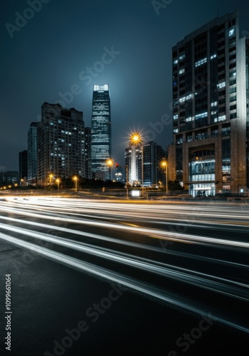 Dynamic night cityscape with illuminated skyscrapers and light trails