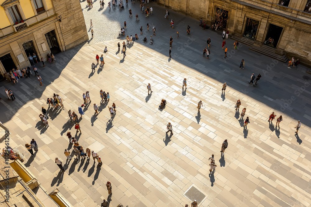 Obraz premium Aerial view of people gathering in the square, aerial photography, minimalism, simple lines, high resolution, professional photograph, high detail