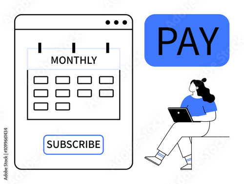 Calendar with Monthly heading, Subscribe button, and large Pay button beside seated woman using a laptop. Ideal for fintech, e-commerce, subscription services, digital payments, online education