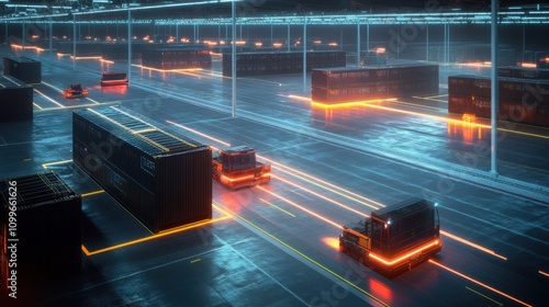 Automated Container Terminal at Dusk: Illuminated Operations and AGVs in Motion, Captured in Ultra HD with Sharp Detail and Long Exposure Effects.