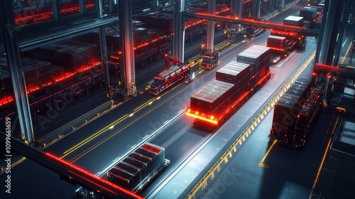 Automated Container Terminal at Dusk: Illuminated Operations and AGVs in Motion, Captured in Ultra HD with Sharp Detail and Long Exposure Effects.
