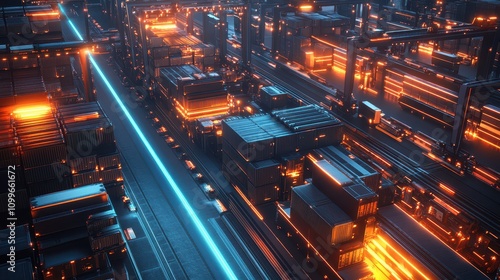 Automated Container Terminal at Dusk: Illuminated Operations and AGVs in Motion, Captured in Ultra HD with Sharp Detail and Long Exposure Effects.