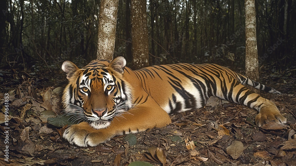 Obraz premium Malayan tiger laying in the forest, showcasing its beautiful orange fur and black stripes, endangered, wildlife